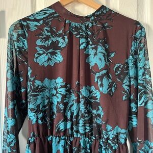 Who What Wear Brown Teal Floral Long-Sleeve Midi Dress